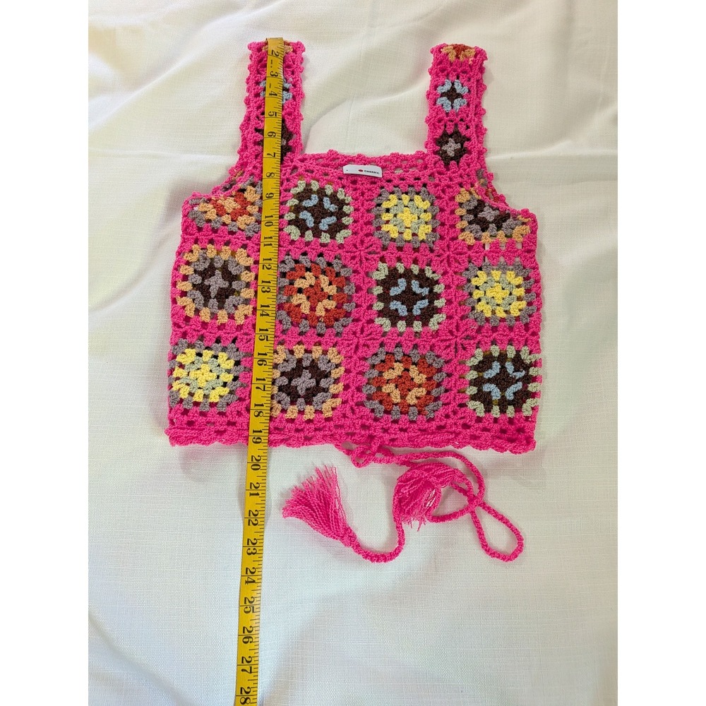 Cherry Pink Crochet Granny Square Tank Top Small Boho Festival Tassel Knit Cami - Picture 3 of 5